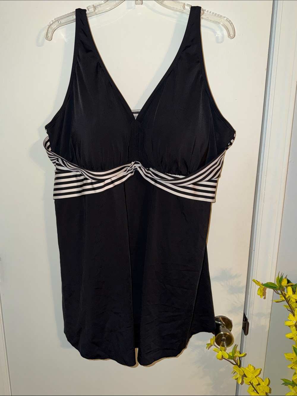 Black One-Piece Swimdress with Striped Waistband